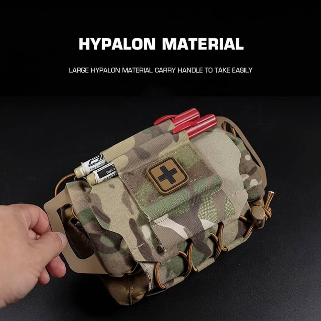 Molle first aid kit in camouflage with efficient carrying handle for easy access