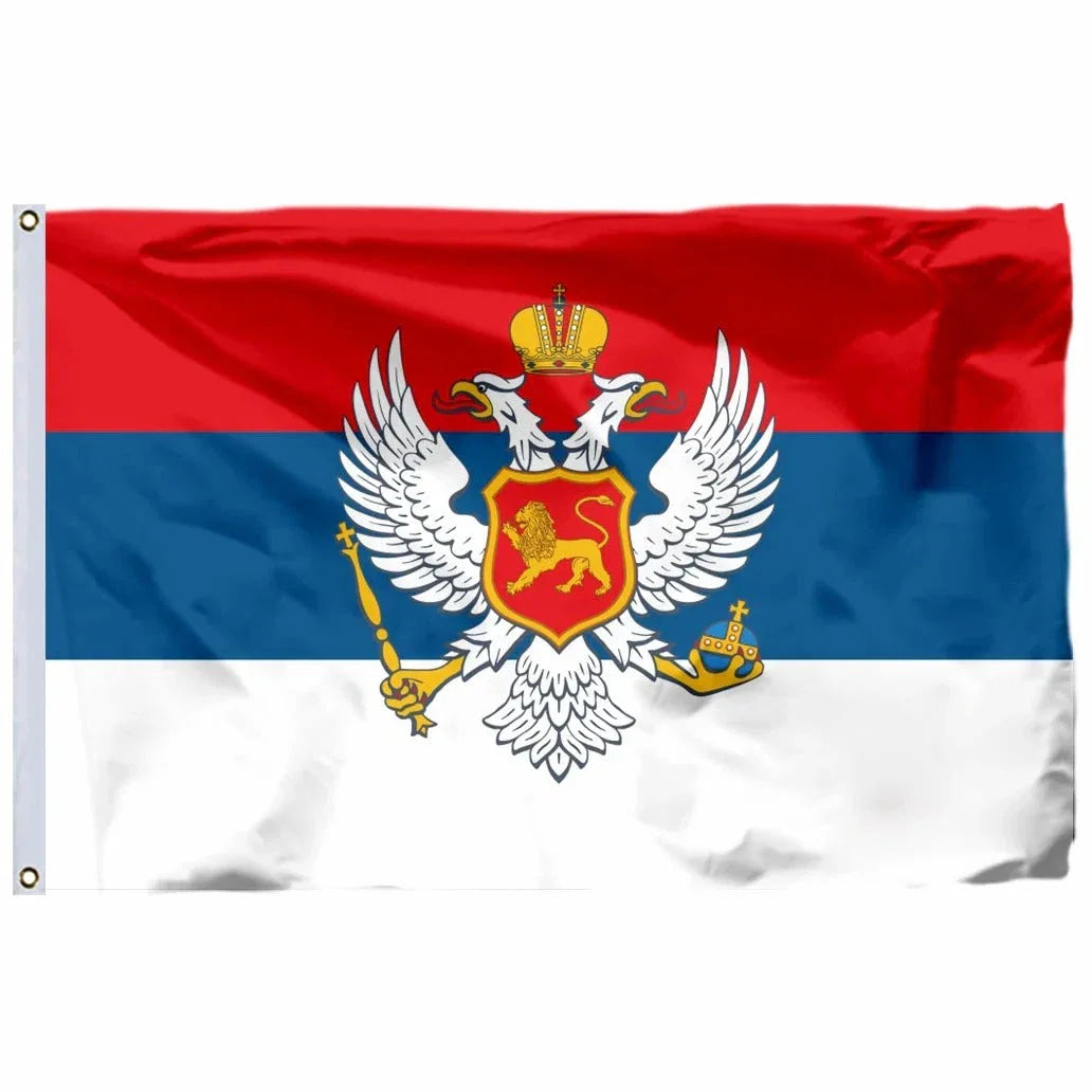 Montenegro and Serbia flags displayed together, showcasing vibrant colors and national emblems