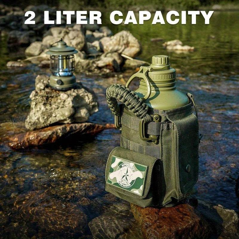 Military insulated water bottle with 2 liter capacity, designed for outdoor adventures