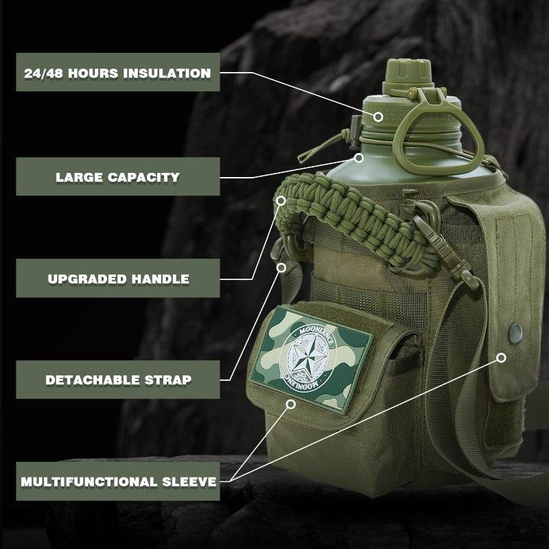 Military insulated water bottle with upgraded handle, detachable strap, and 24-48 hours insulation