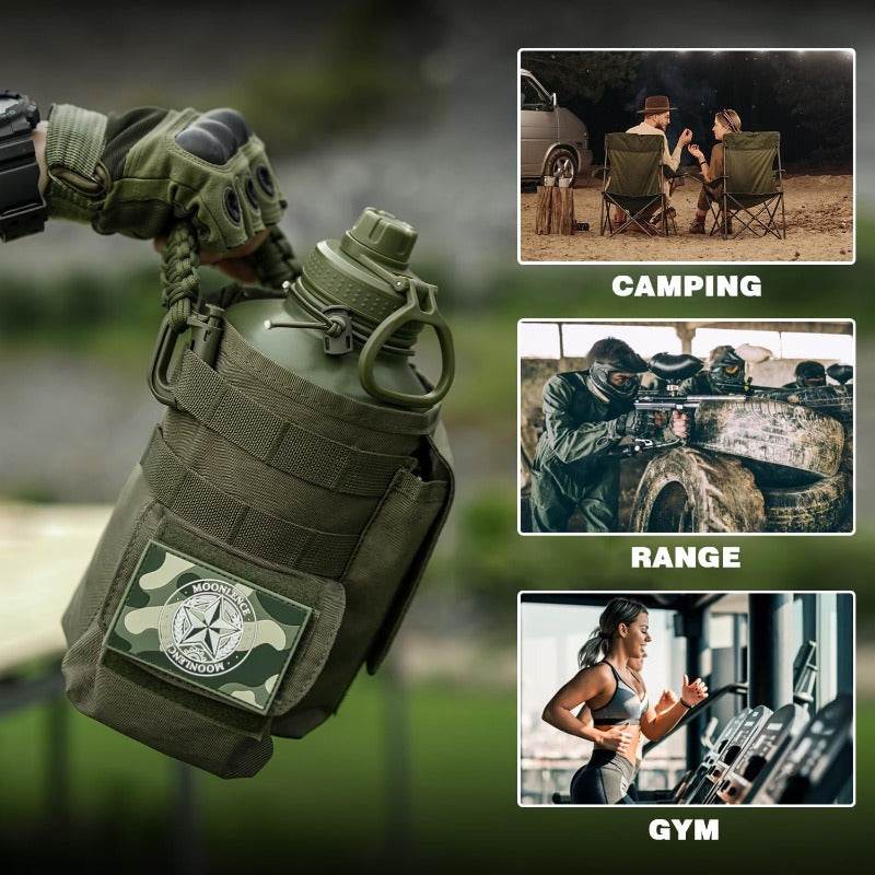 Military grade insulated water bottle in green with a tactical pouch for camping and gym use