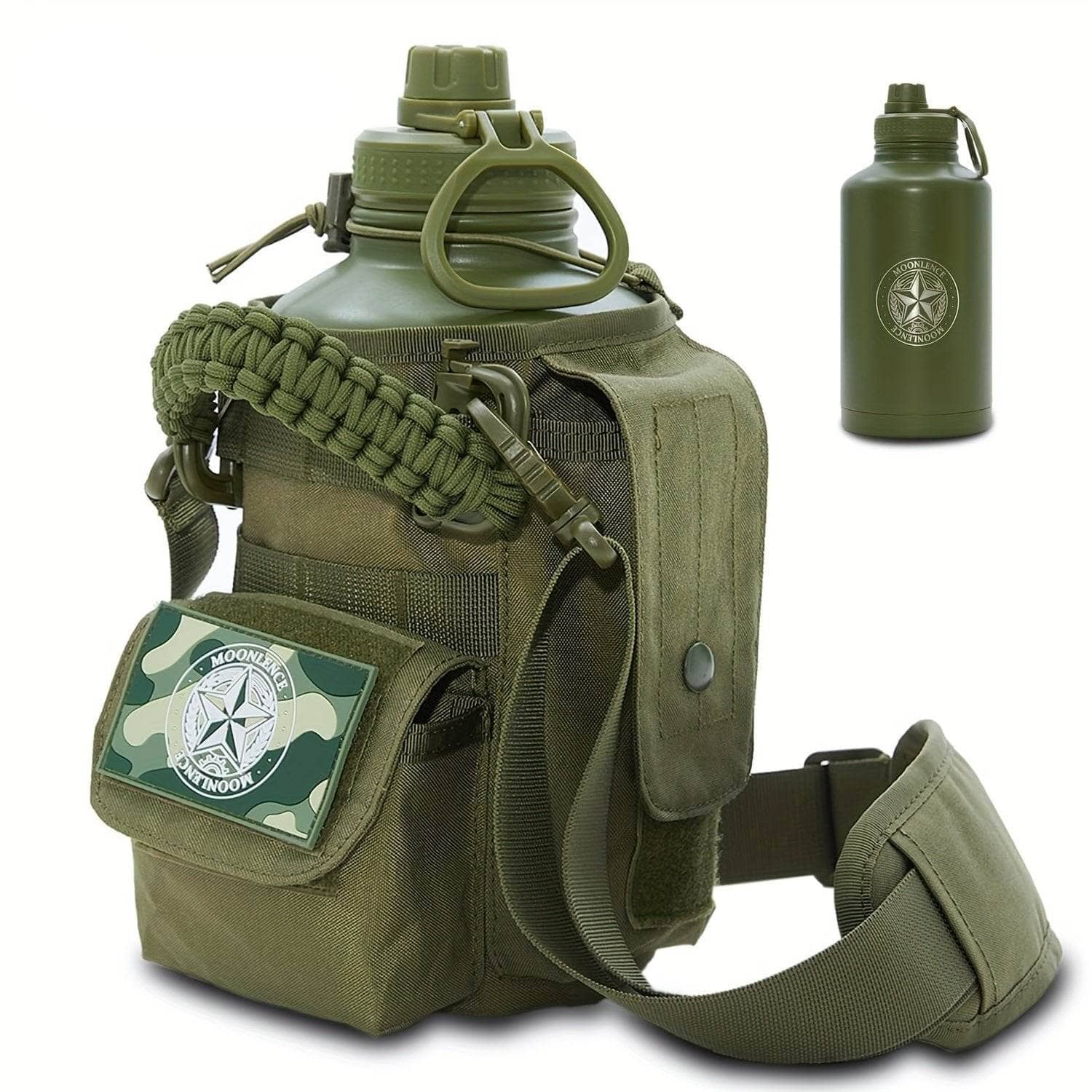 Insulated water bottle with tactical pouch and strap for outdoor activities and military use