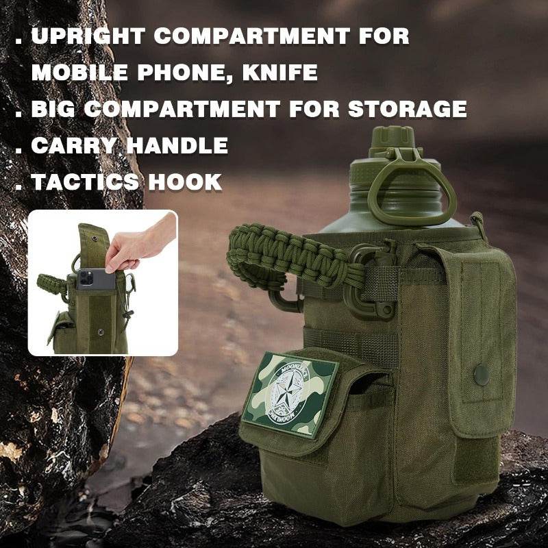 Insulated water bottle with upright compartment for mobile phone and knife, featuring carry handle and tactics hook