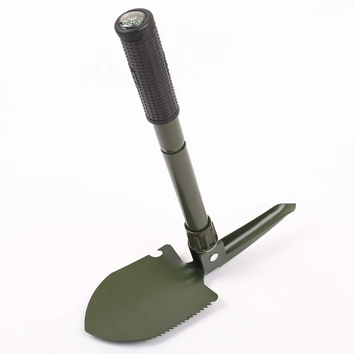 Multifunctional folding shovel in green with a serrated edge for versatile outdoor use