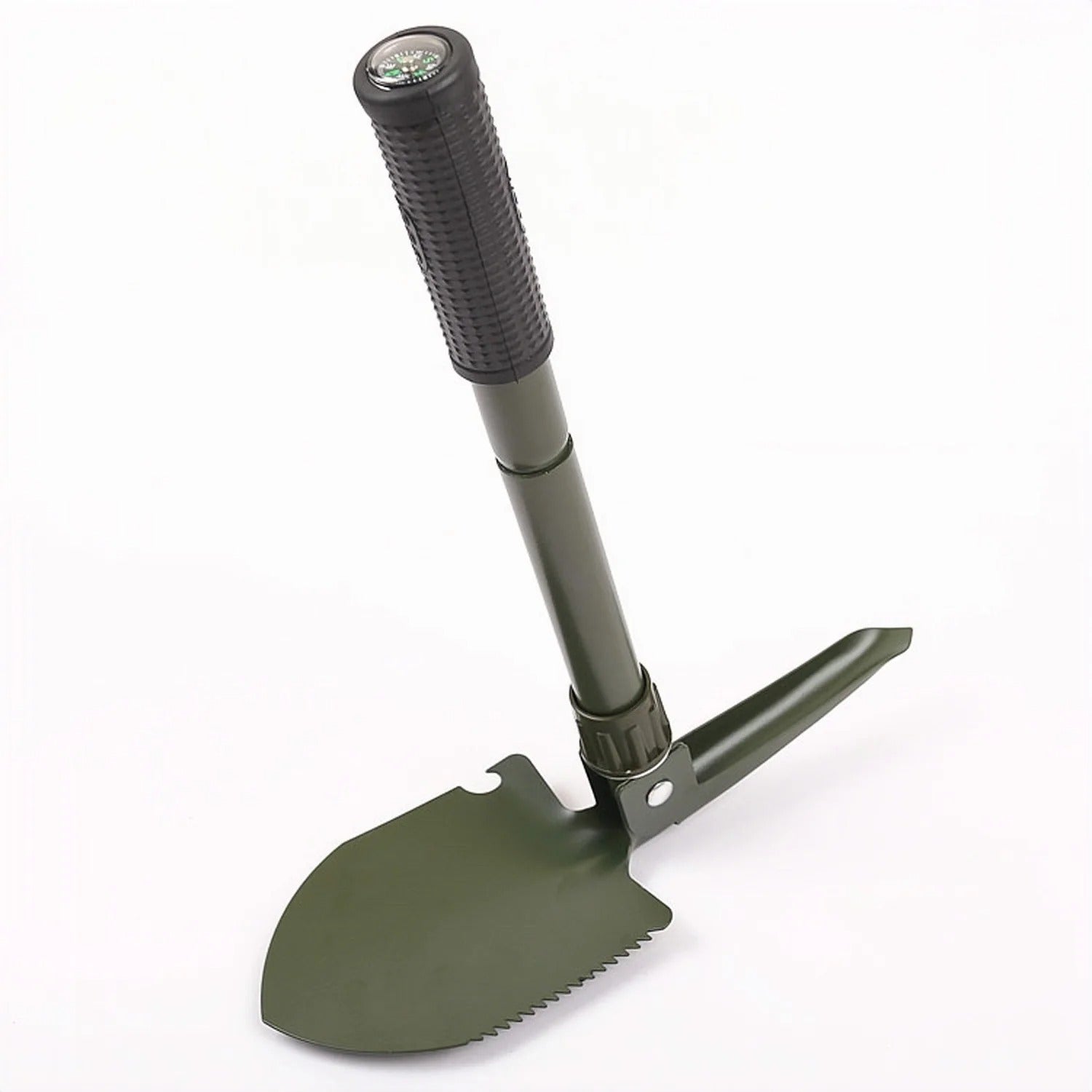 Multifunctional folding shovel in green with a serrated edge for versatile outdoor use
