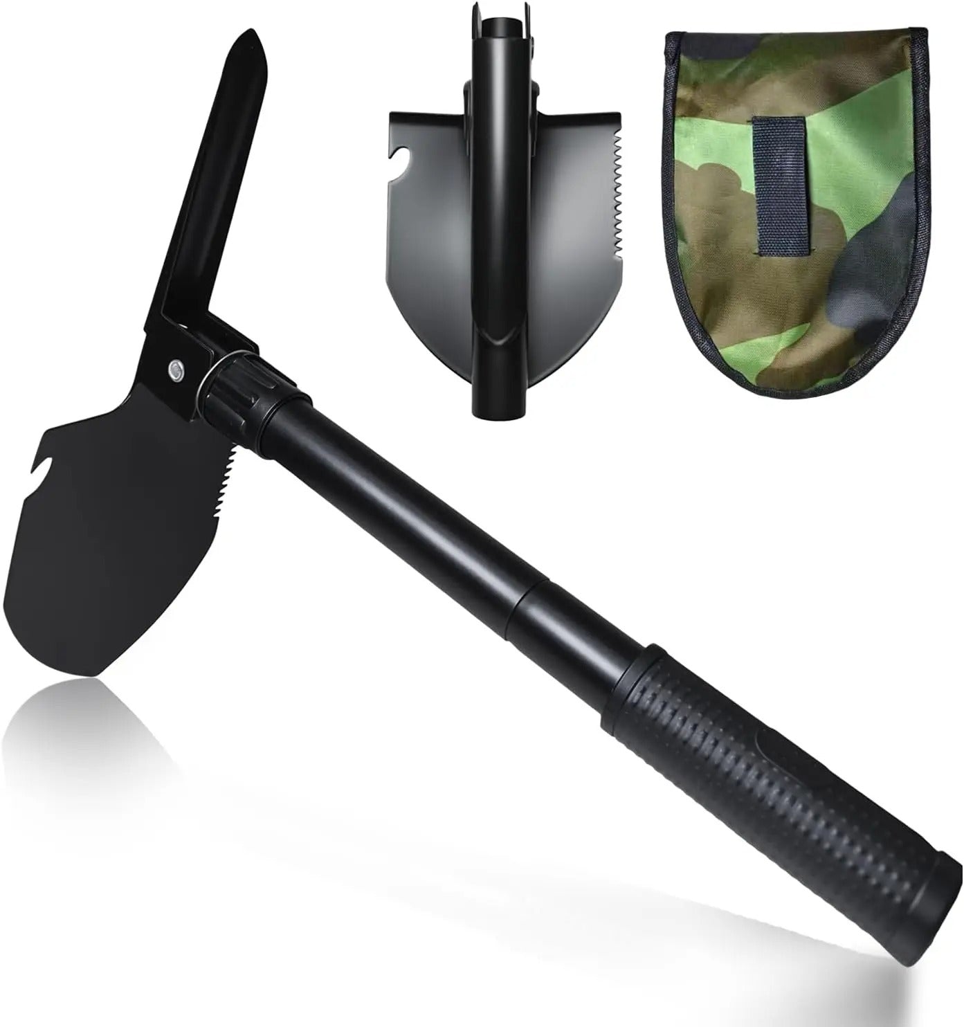 Multifunctional folding shovel in black for camping and outdoor emergencies
