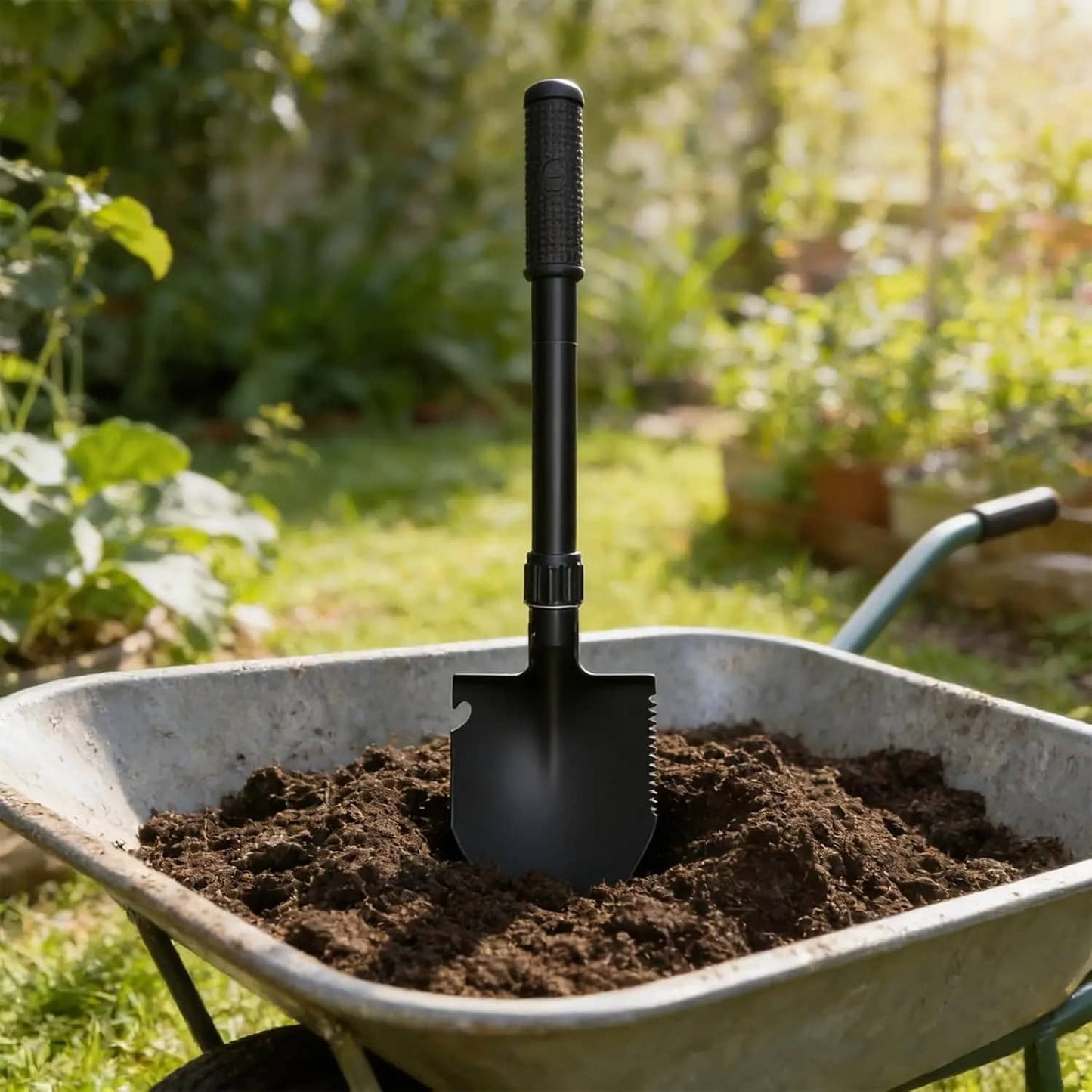 Multifunctional folding shovel in black for gardening and outdoor use