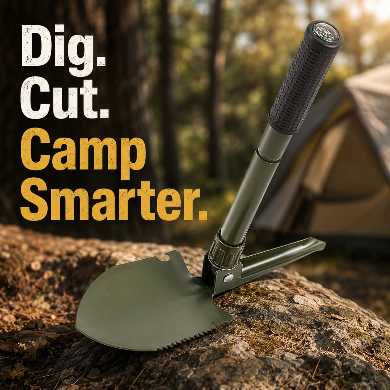 Multifunctional folding shovel in green for camping and outdoor activities