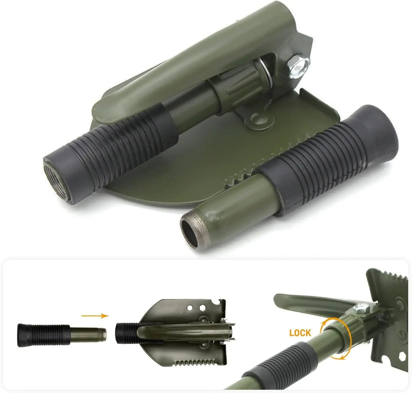 Green multifunctional folding shovel with locking mechanism for outdoor use