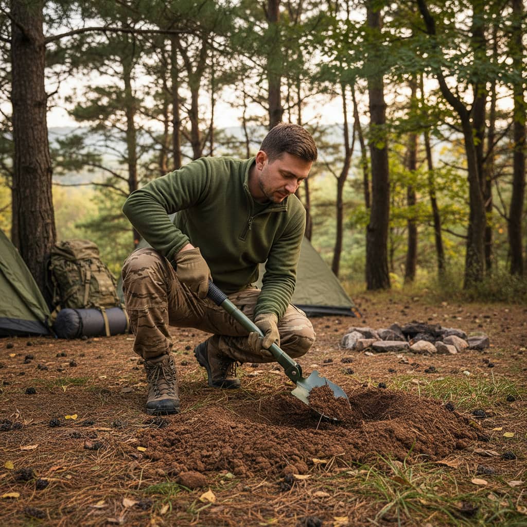 Multifunctional folding shovel in use while camping for digging and outdoor tasks