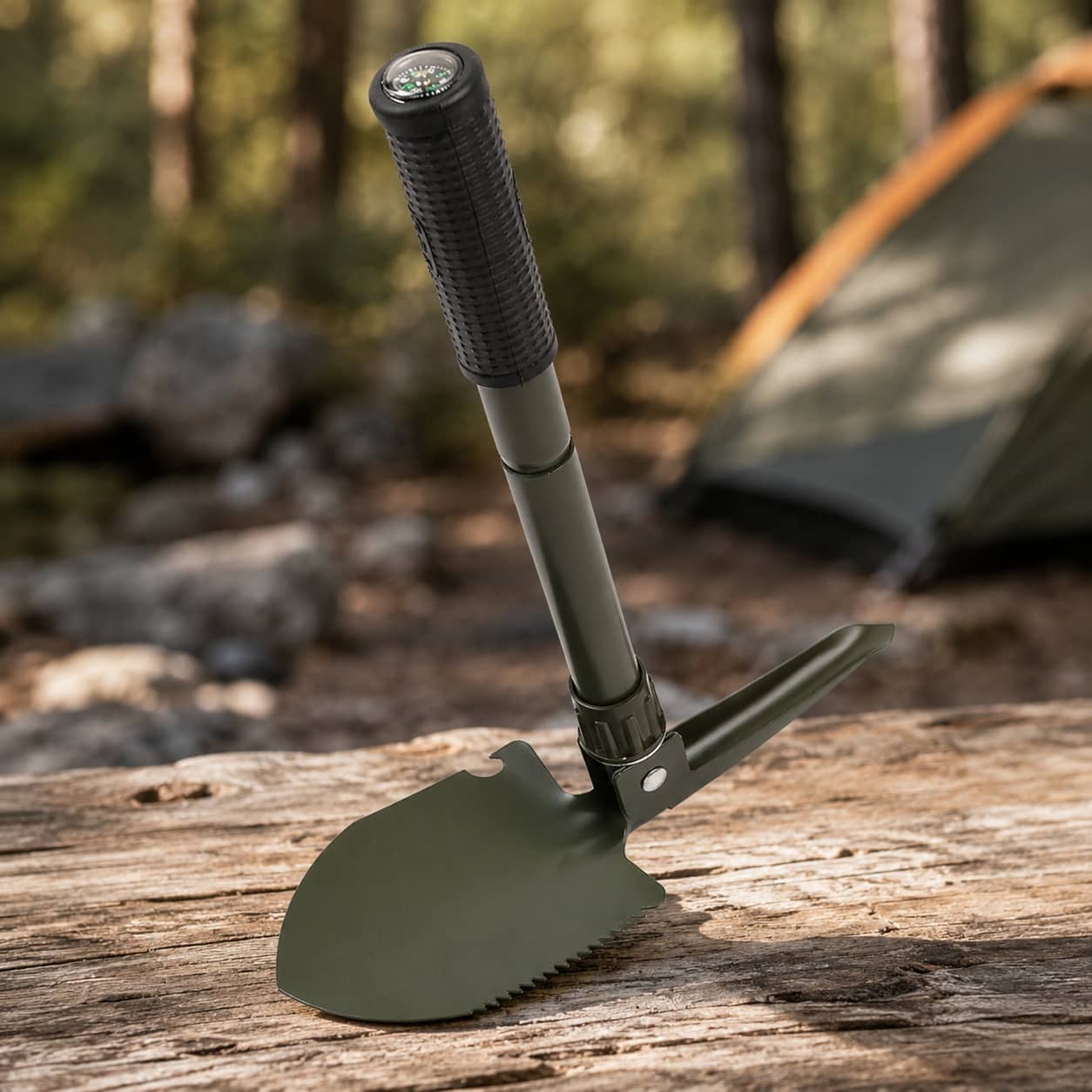 Multifunctional folding shovel in green for camping and outdoor tasks