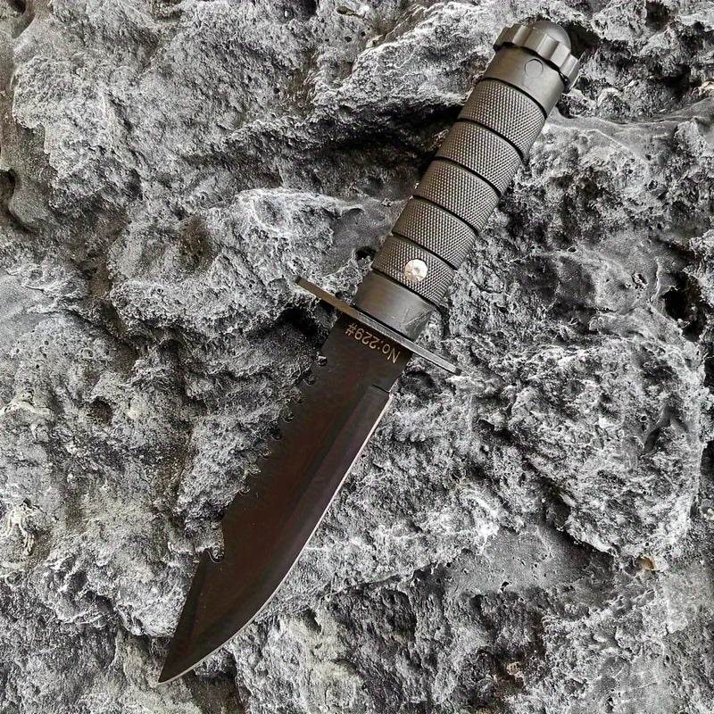 Durable hunting and camping knife with a textured grip and sleek black blade for outdoor adventures