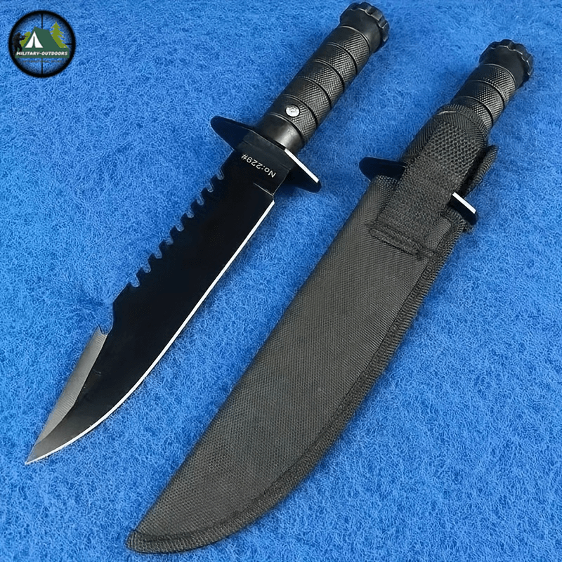 Durable hunting and camping knife with serrated edge and protective sheath for outdoor adventures