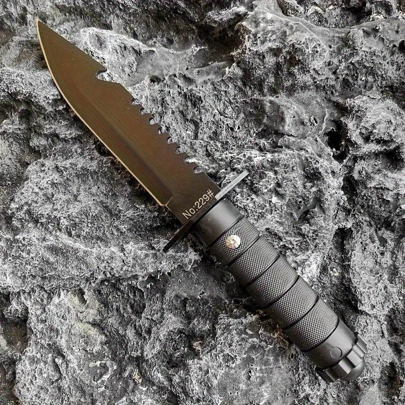 Durable hunting and camping knife with a serrated blade and textured grip for outdoor adventures