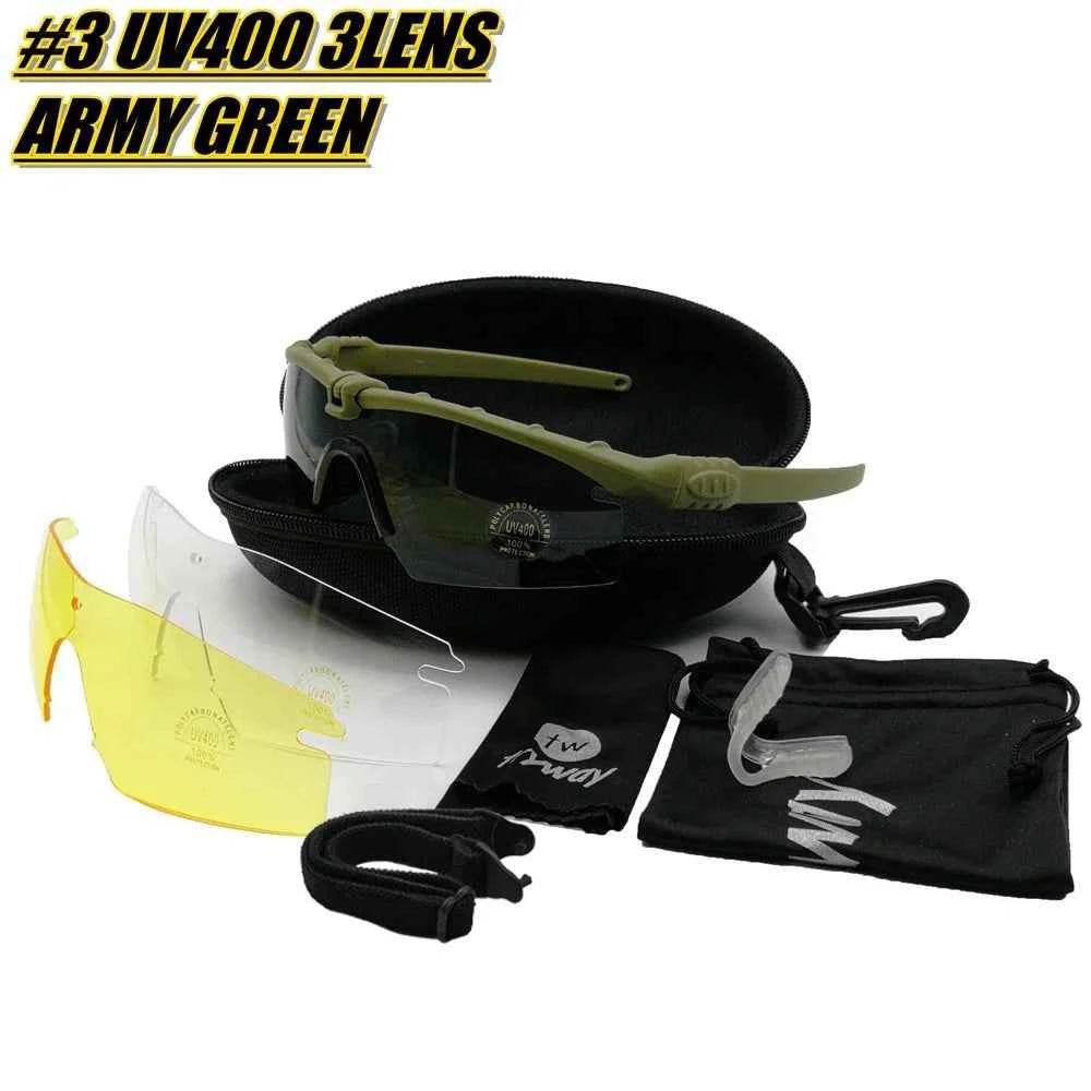 Army green military shooting glasses with three interchangeable lenses and protective case for outdoor use