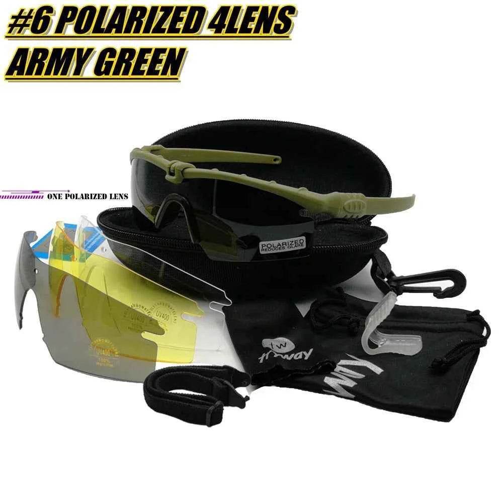 Military shooting glasses with four interchangeable polarized lenses in army green color for versatile outdoor use