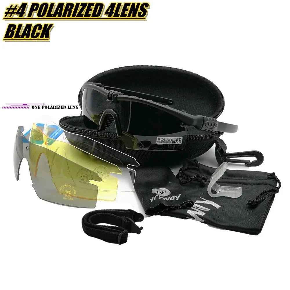 Black polarized military shooting glasses with interchangeable lenses and a carrying case for outdoor use