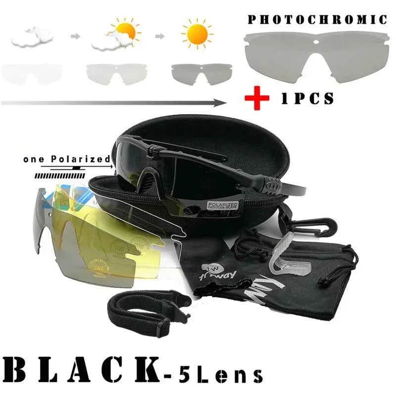 Black military shooting glasses with photochromic lenses and extra polarized lens for outdoor activities