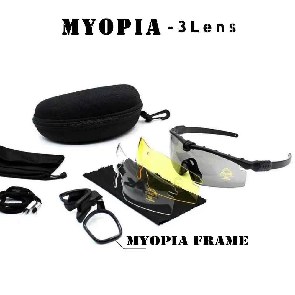 Myopia Military Shooting Glasses with three interchangeable lenses and protective case for versatile outdoor use