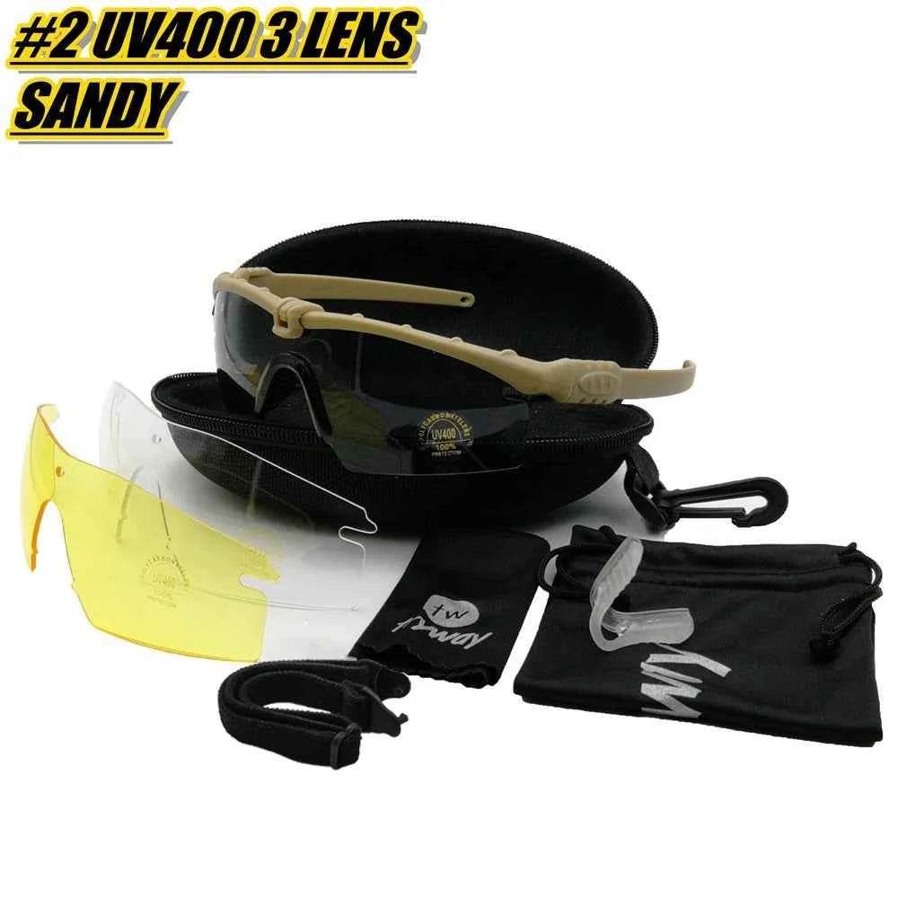 Military shooting glasses with UV400 lenses, tan frame, and accessories for outdoor activities