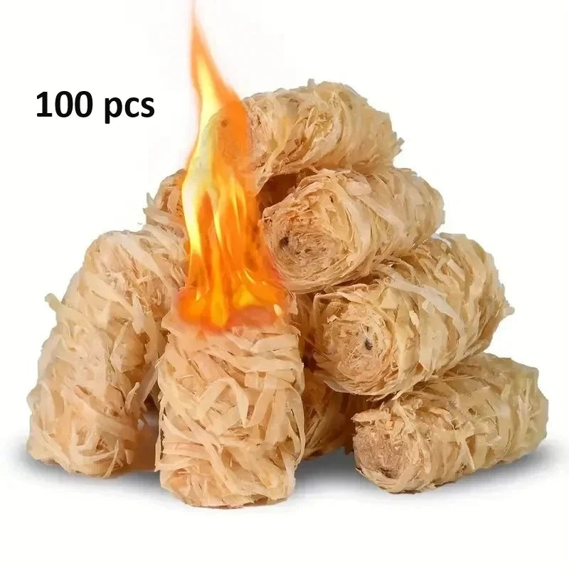 Natural fire starters made of rolled wood shavings, perfect for camping. Box contains 100 pieces.