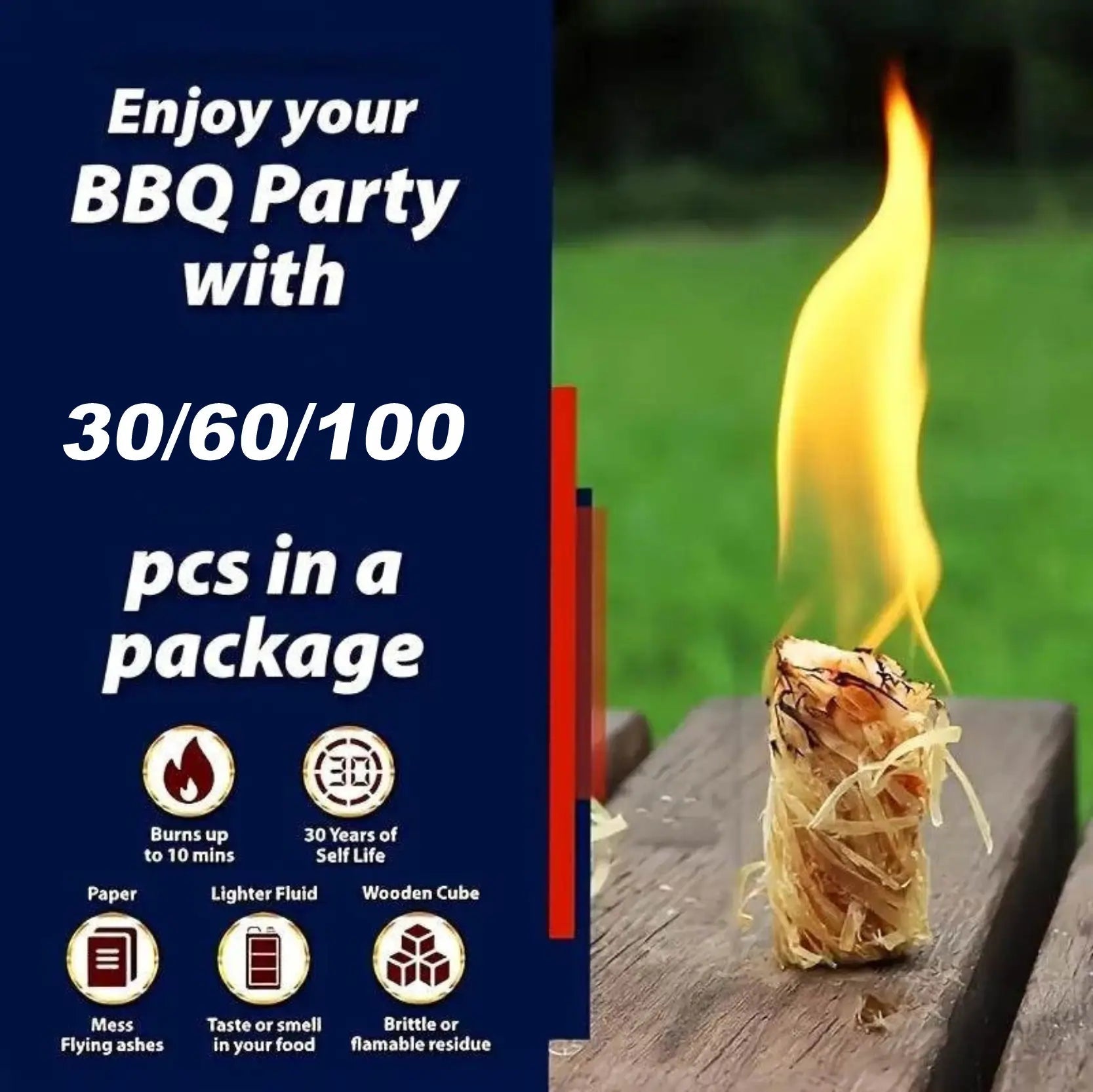 Natural fire starters burning on wooden cube for BBQ parties with up to 100 pieces in a package