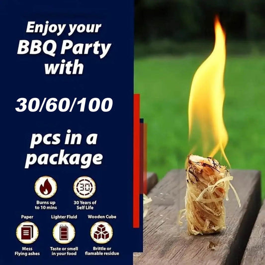 Natural fire starters burning on wooden cube for BBQ parties with up to 100 pieces in a package