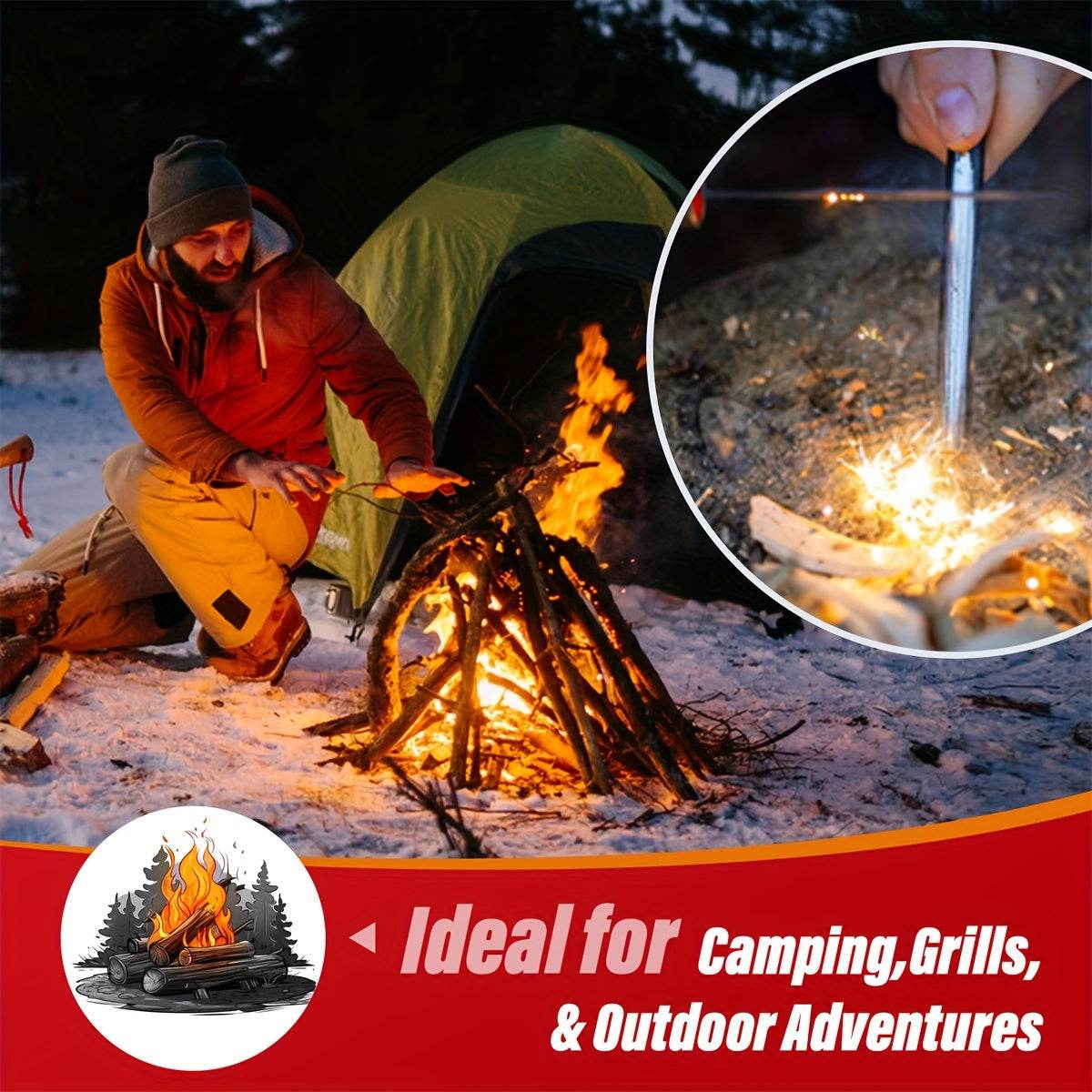 Natural fire starters being used for camping and outdoor adventures with a man igniting a fire