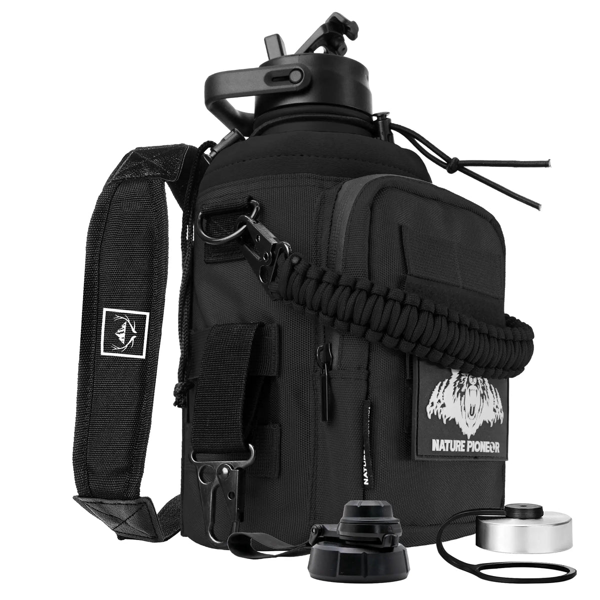 Nature Pioneer Black Insulated Water Bottle with Carrier and Accessories