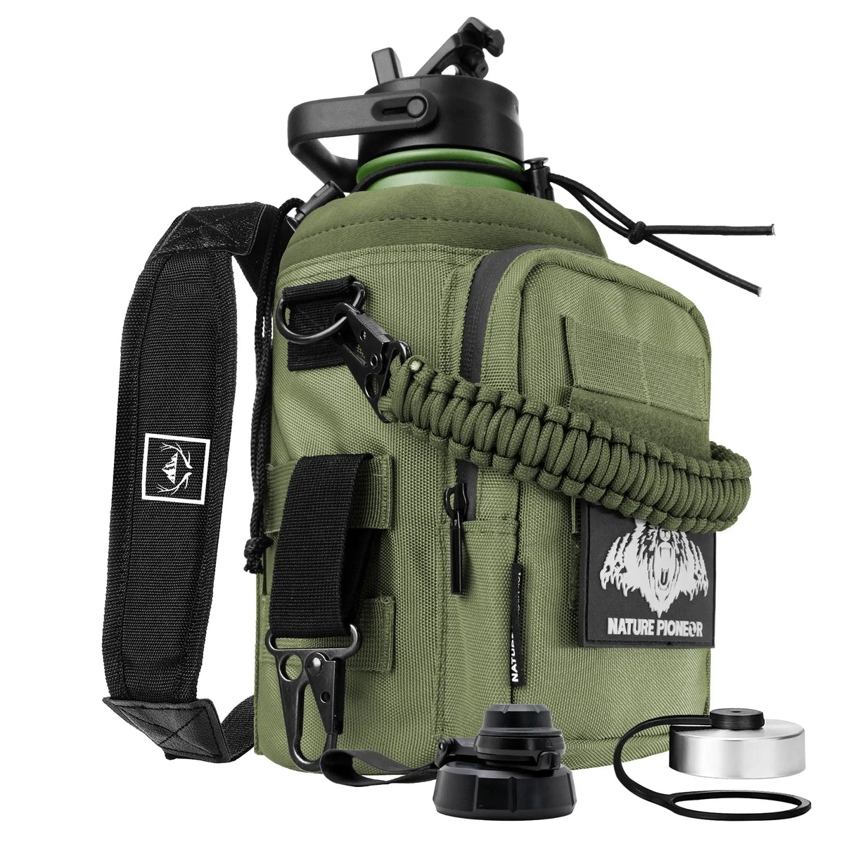 Nature Pioneer Insulated Water Bottle in Olive Green with Tactical Carry Case for Outdoor Use