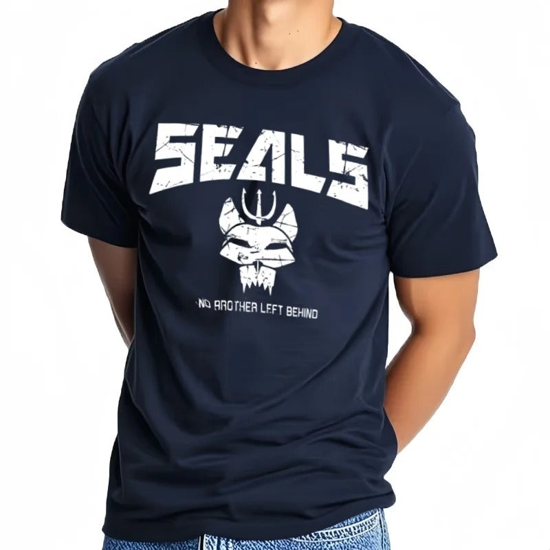 Naval Seals T-Shirt in navy blue with bold print and no one left behind slogan