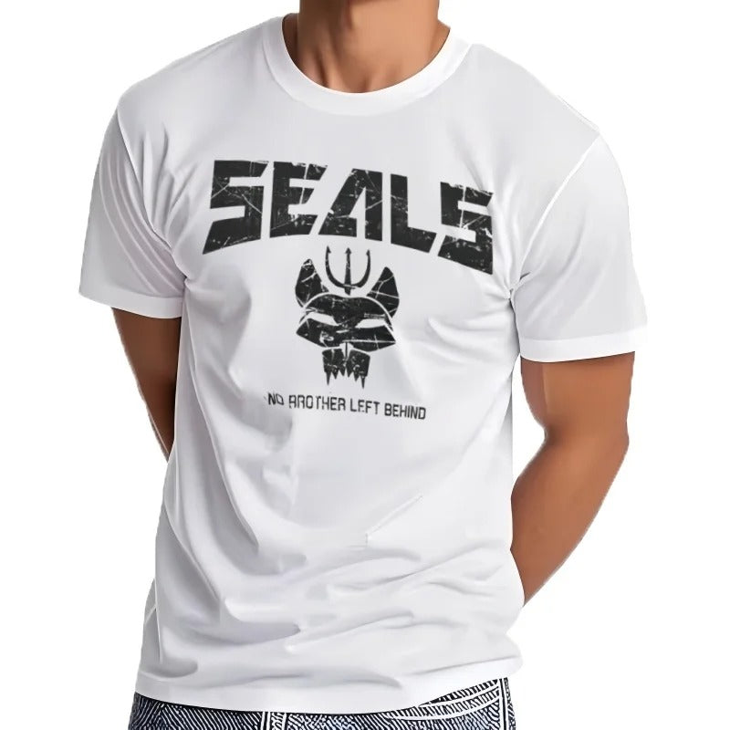Naval Seals T-Shirt in white featuring bold graphic design and No One Left Behind slogan