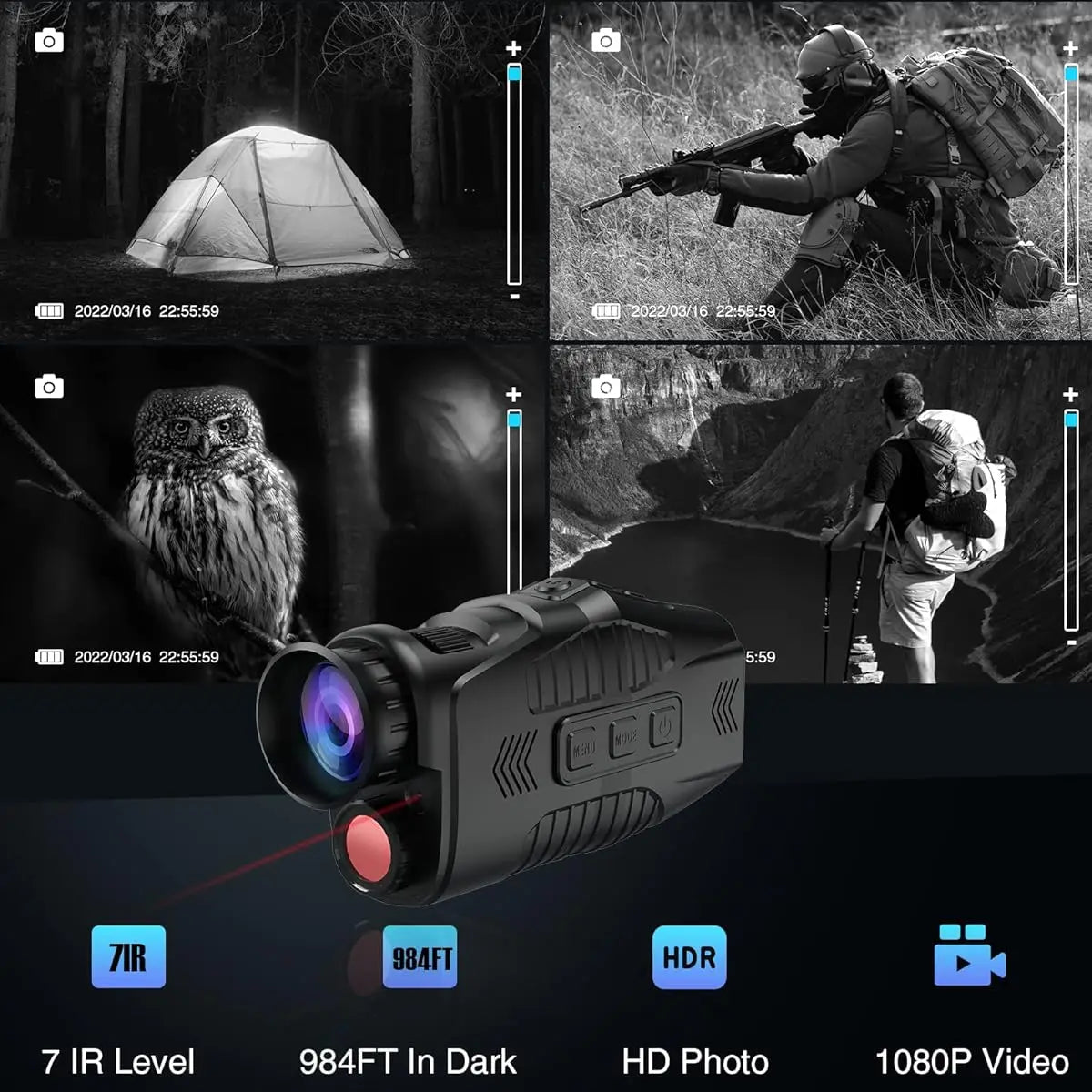 Military-Outdoors night vision monocular with 7 IR levels and 984FT range for outdoor use