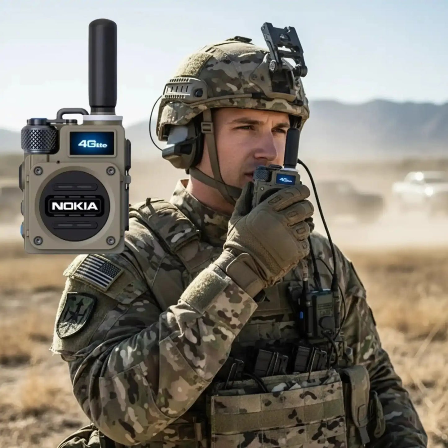 Military personnel using NOKIA 4G LTE Two-Way Radio for secure communication in outdoor environments
