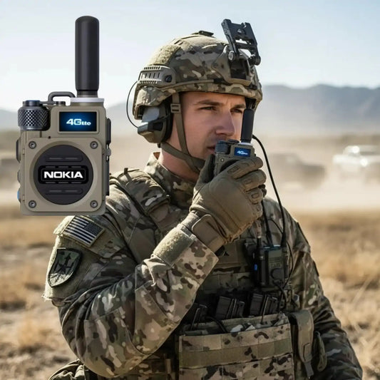 Military personnel using NOKIA 4G LTE Two-Way Radio for secure communication in outdoor environments