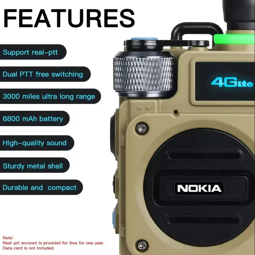 NOKIA 4G Two Way Radio featuring dual PTT free switching and 3000 miles ultra long range in durable design