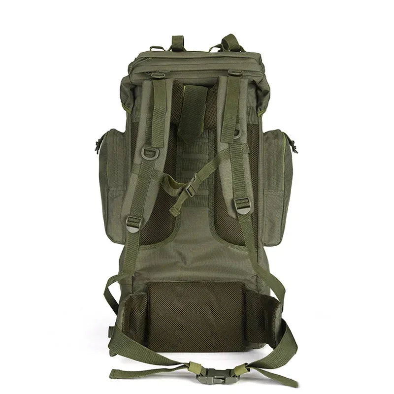 65L outdoor rucksack in olive green with adjustable padded straps