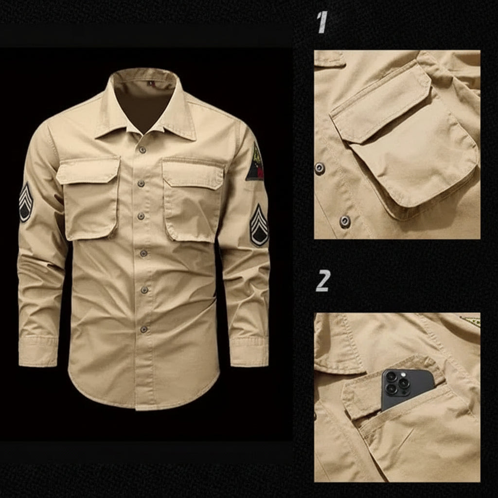 Beige outdoor arm badge shirt with multiple pockets for practical use