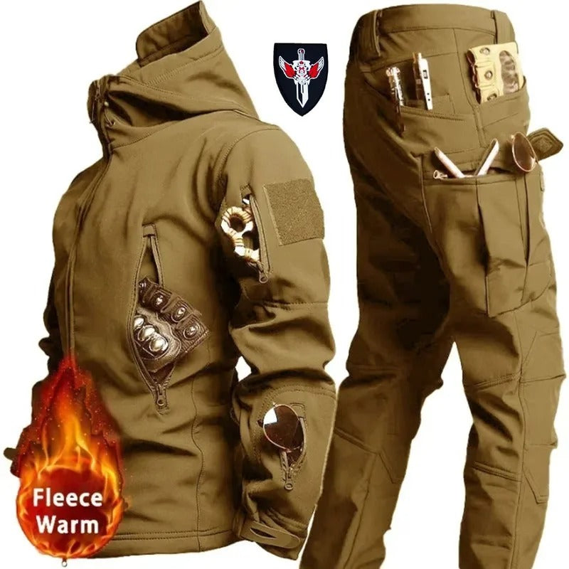 Outdoor camouflage suit in tan with fleece lining for warmth