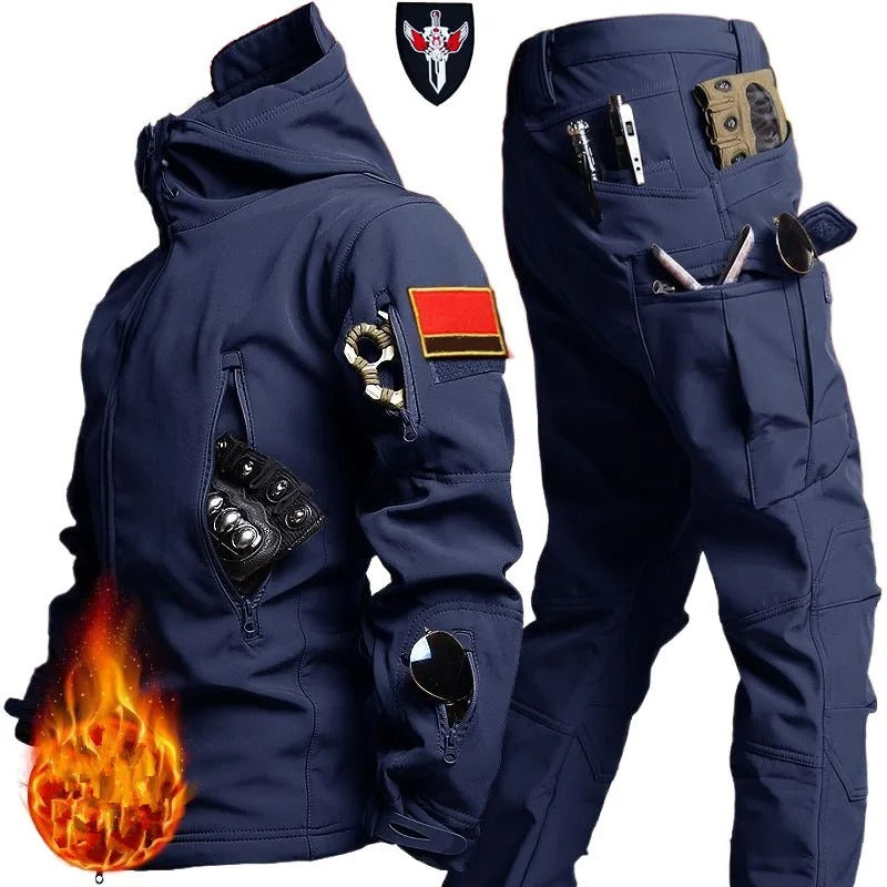 Military blue outdoor camouflage suit with pockets for practical use