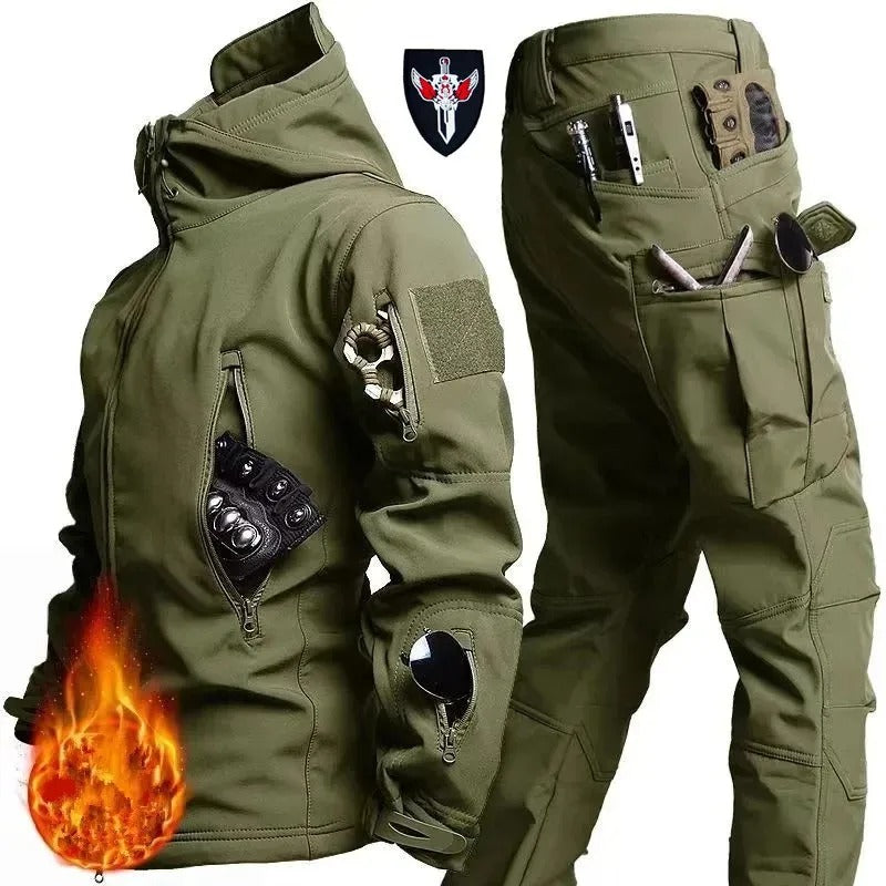 Outdoor camouflage suit in olive green for extreme weather protection
