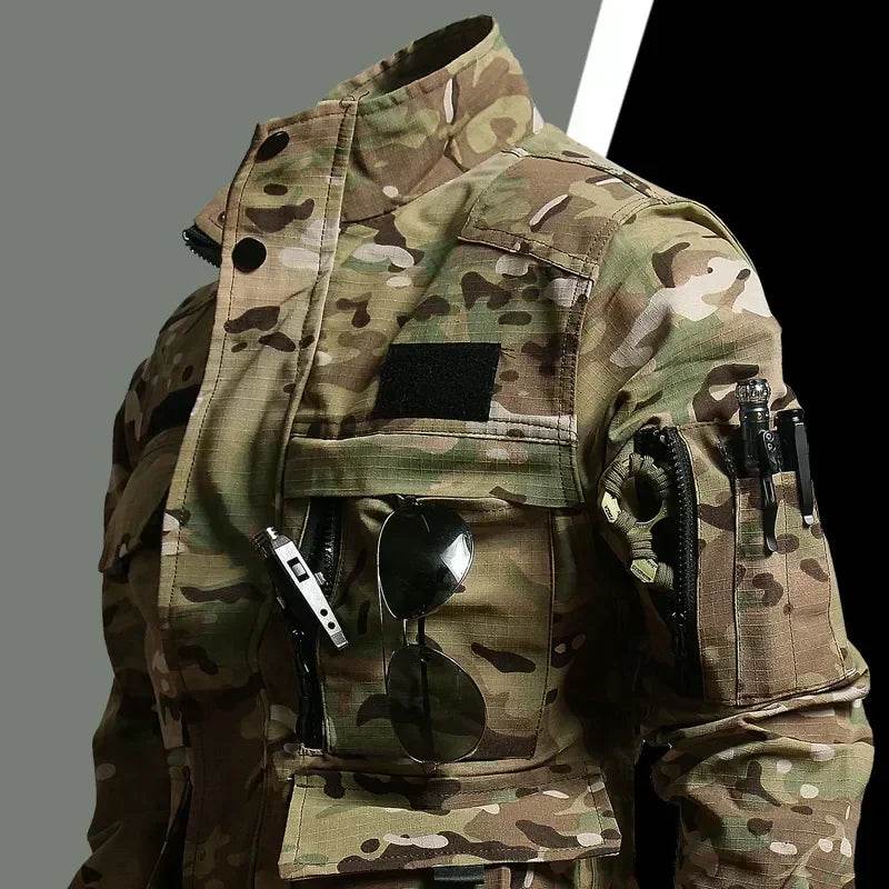 Military camouflage suit with multiple pockets for outdoor adventures