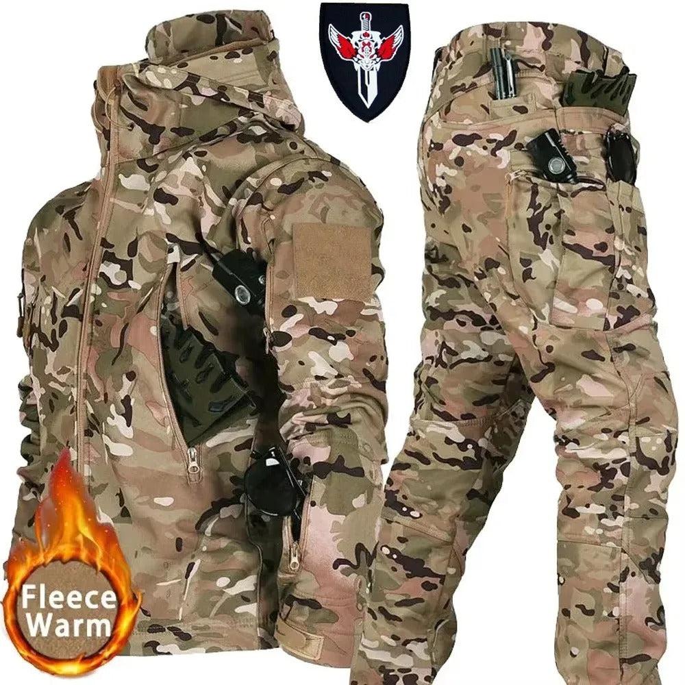 Outdoor camouflage suit in tan and green for hunting and tactical use