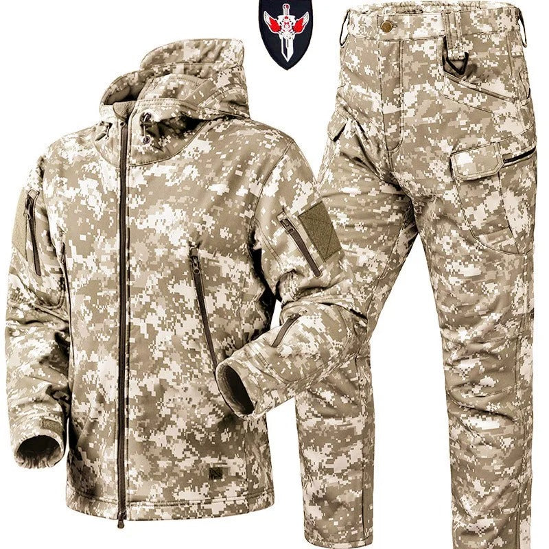 Outdoor camouflage suit in tan, ideal for hunting and outdoor activities