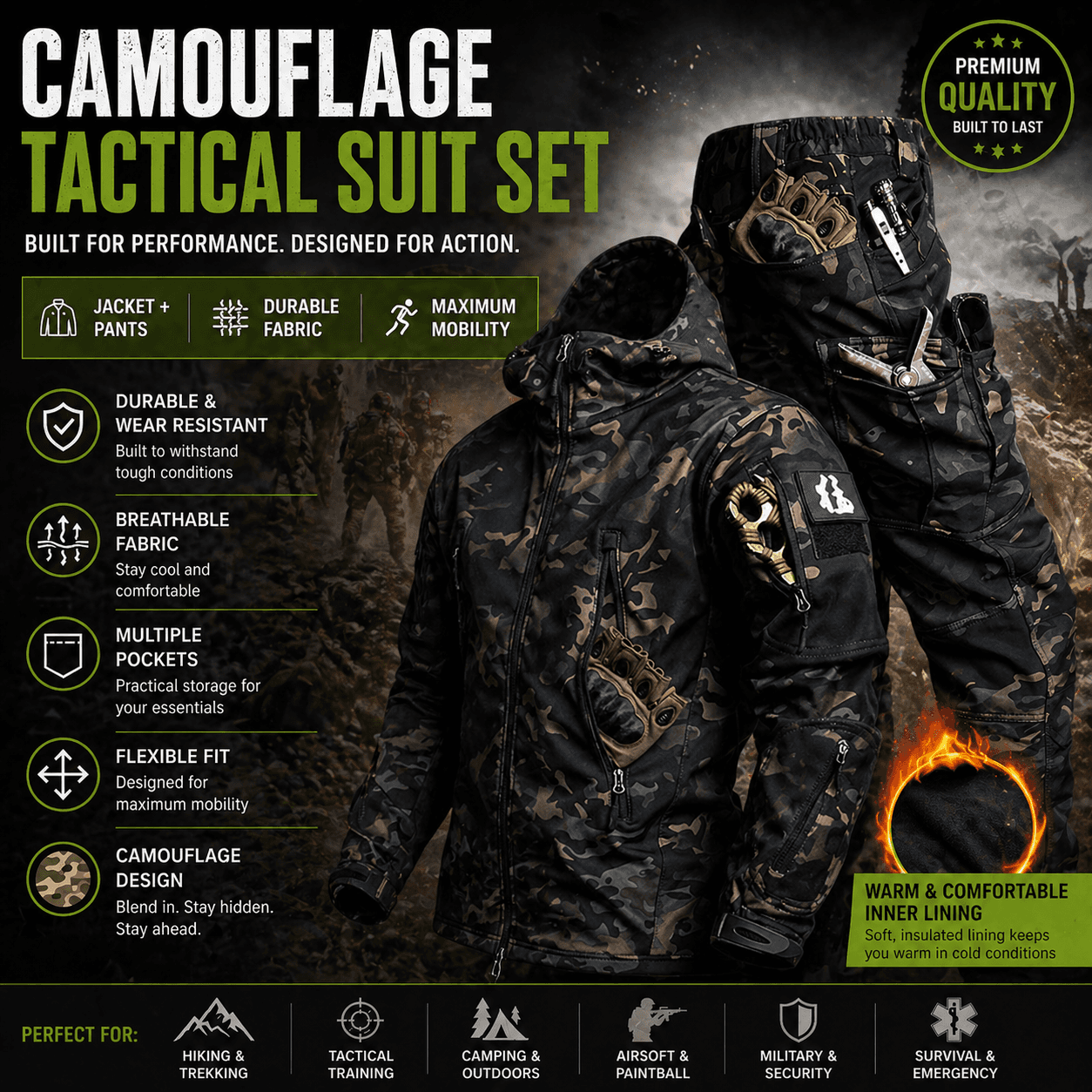 Camouflage Tactical Suit Set in Black for Outdoor Activities and Performance