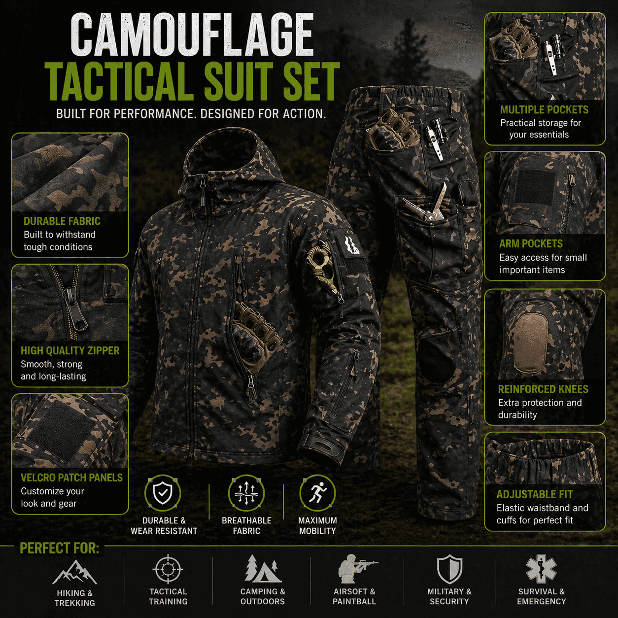Outdoor camouflage suit in black with durable fabric for tactical use