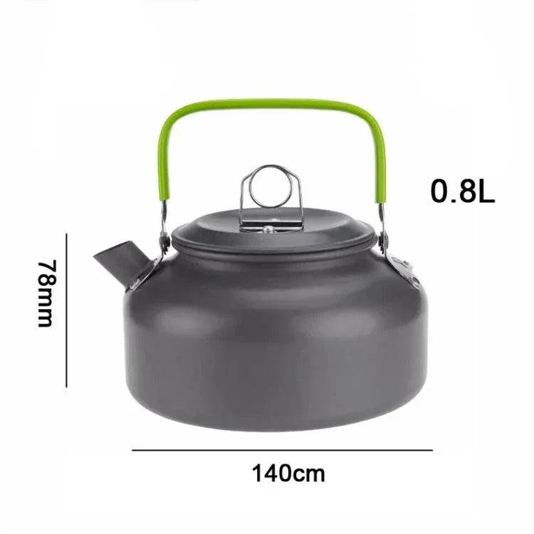 Gray outdoor camping kettle with green handle for easy boiling