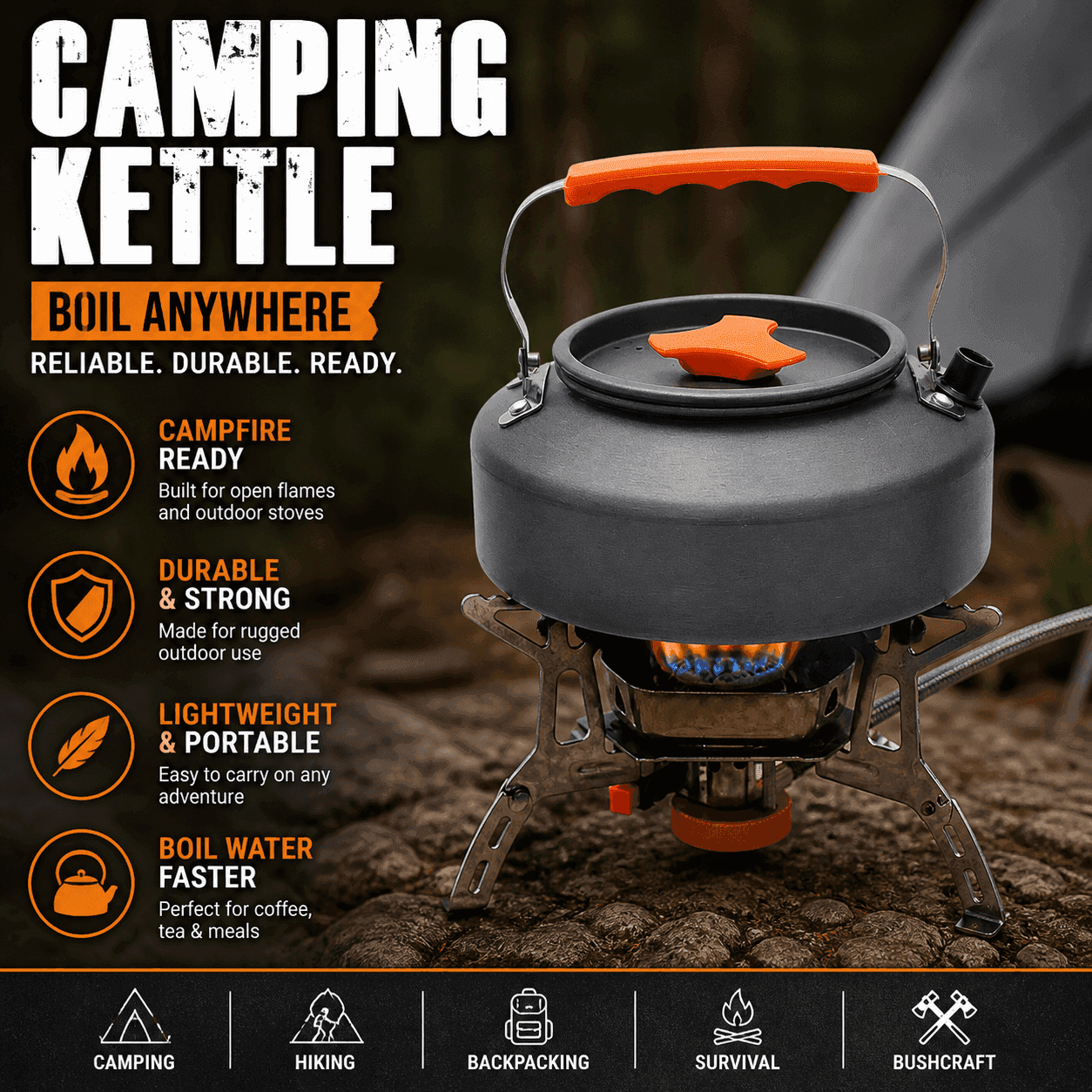 Outdoor camping kettle in black for boiling water quickly while camping