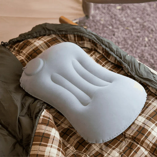 Gray inflatable outdoor camping pillow for enhanced comfort in sleeping bags