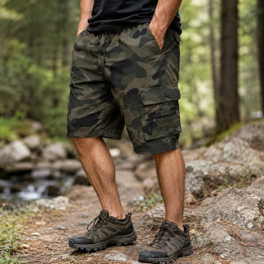 Outdoor cargo shorts with elastic waist and knee-length summer design